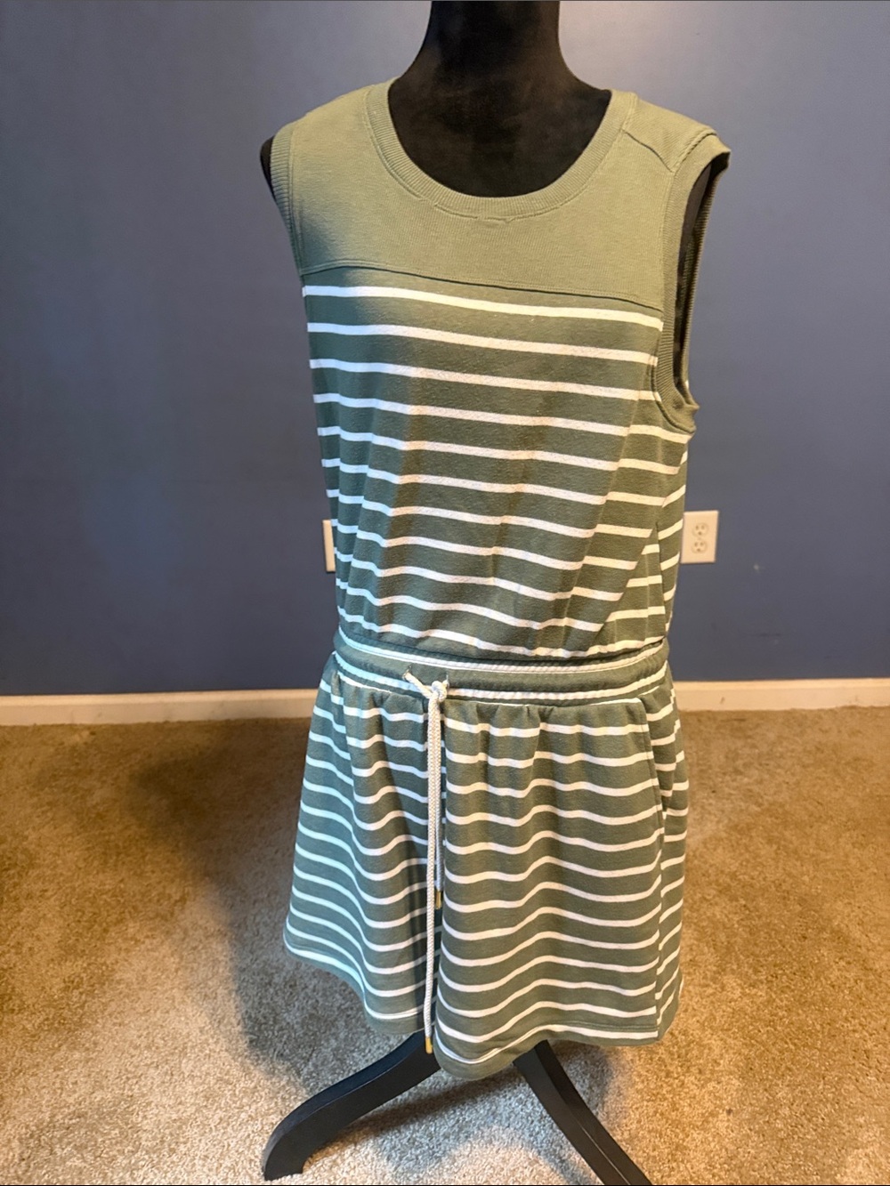 Sonoma Olive Green and White Striped Sleeveless Drawstring Dress